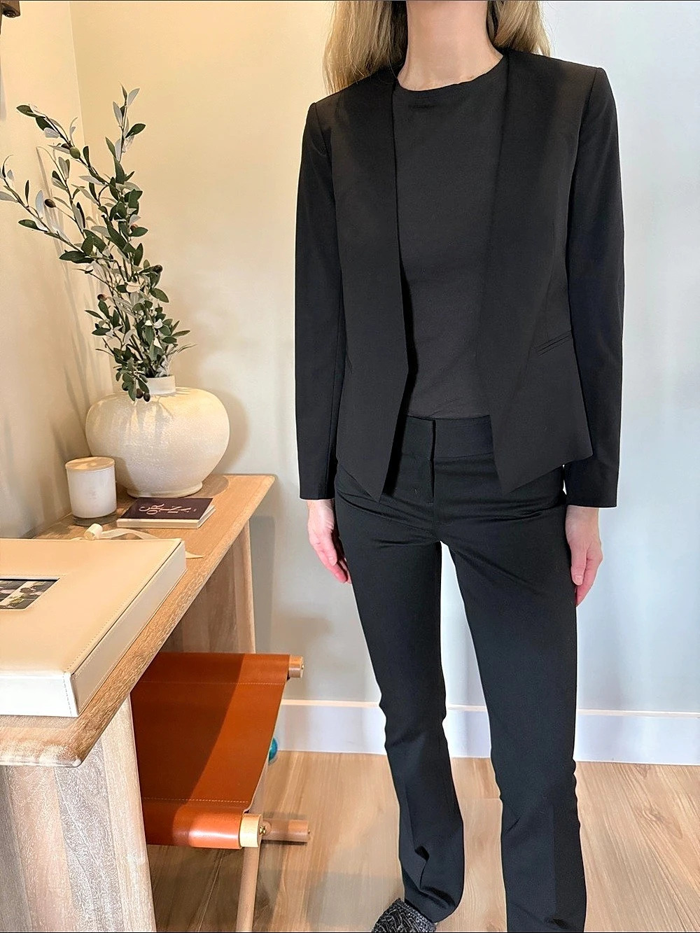 Theory Lanai Open Front Stretch Wool Black Blazer Corporate Office Siren